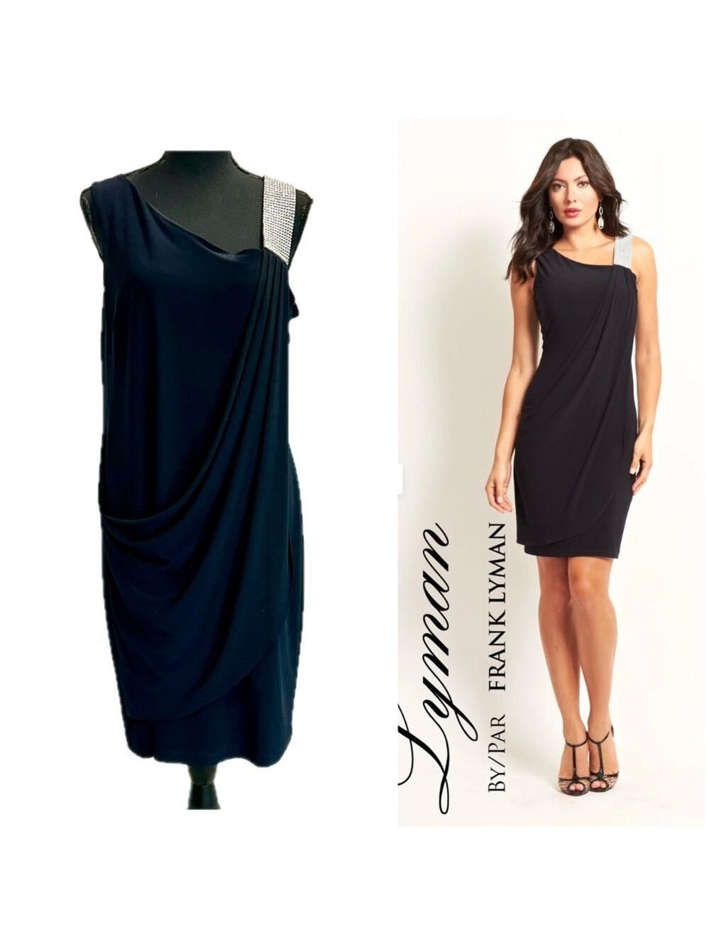 Lyman by Frank Lyman navy blue black draped asymmetrical rhinestone mini dress